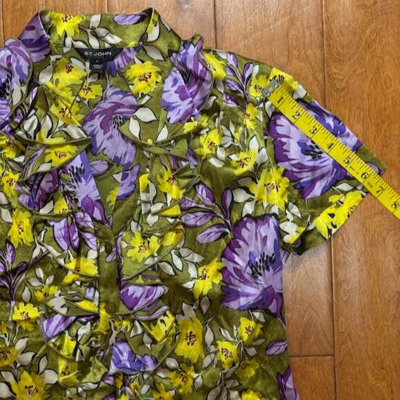 St. John Women Silk Top Sz 4 Button Floral Purple Ruffle Old Money Quiet Luxury - Picture 7 of 9